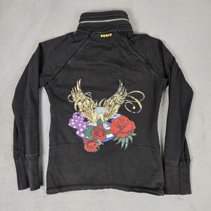 COOGI Jacket Womens Large Vintage Embellished Sweatshirt Black Y2K Eagle Flowers